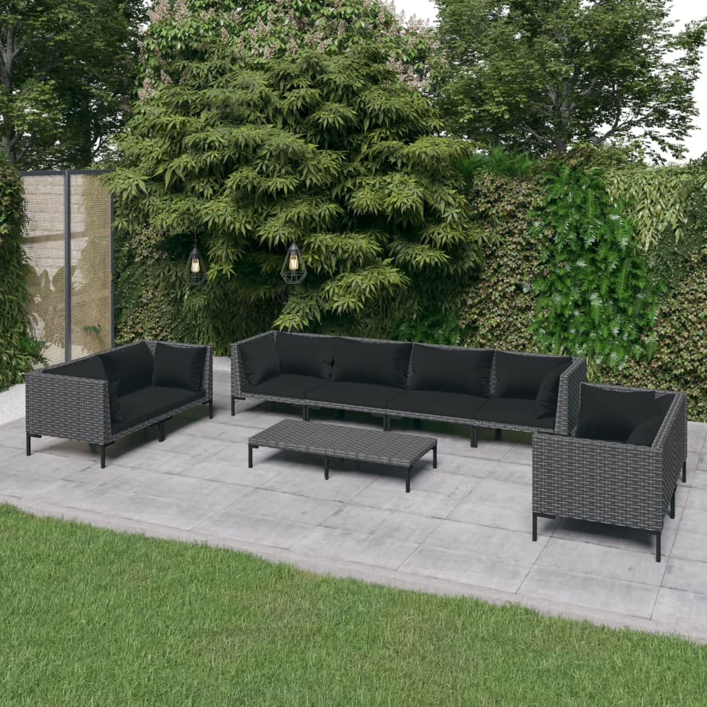 Set Divani da Giardino 9 pz con Cuscini Polyrattan Grigio Scuro 3099835