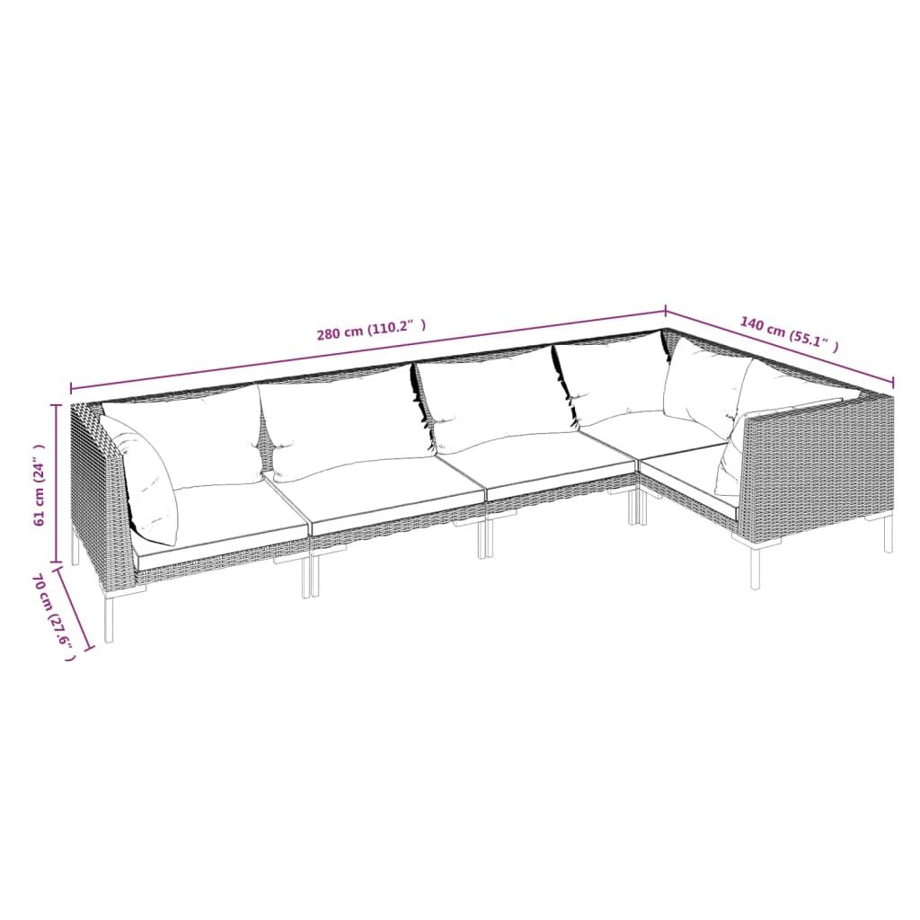 Set Divani Giardino 5 pz con Cuscini in Polyrattan Grigio Scuro cod mxl 48754