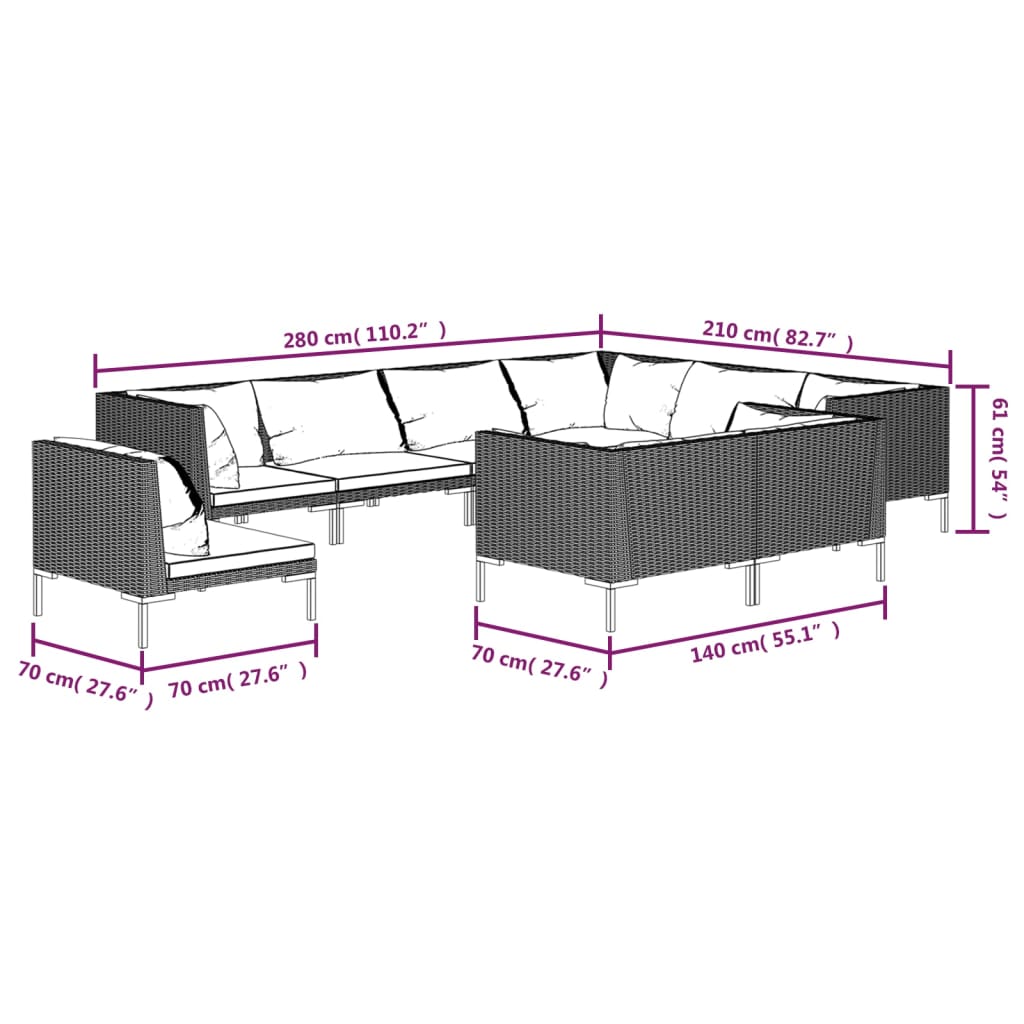 Set Divani da Giardino 9pz con Cuscini Polyrattan Grigio Scuro cod mxl 41889