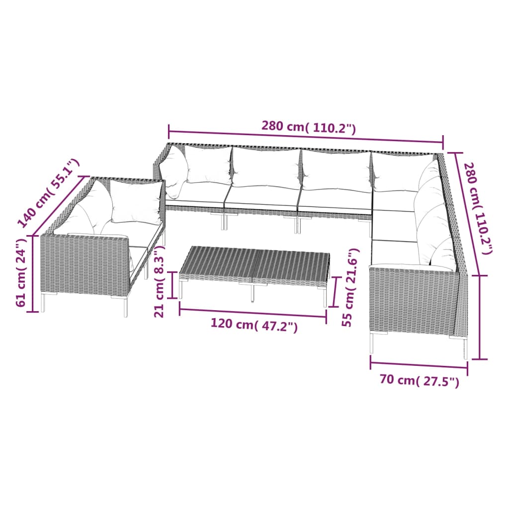 Set Divani da Giardino 10pz con Cuscini Polyrattan Grigio Scuro 3099897