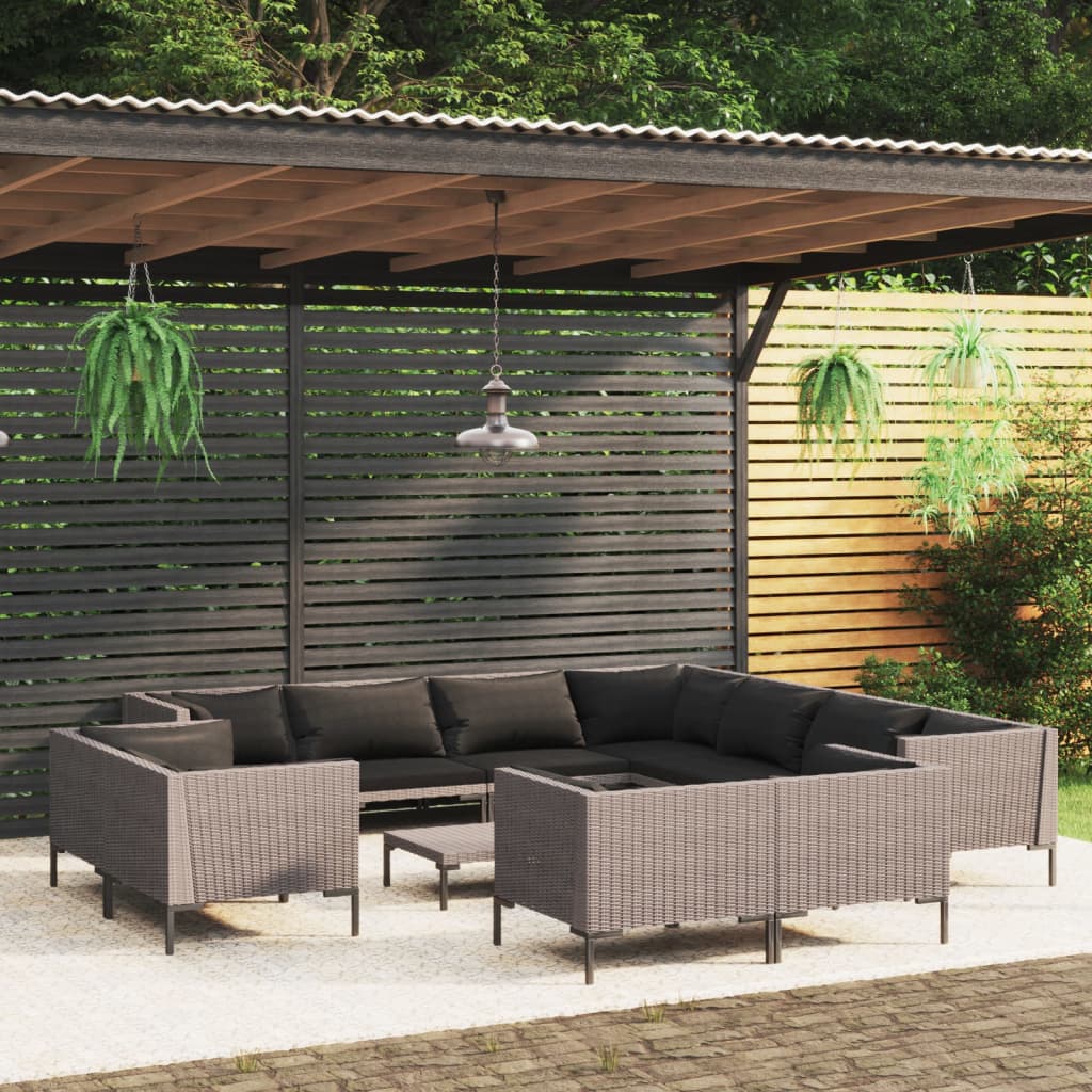 Set Divani da Giardino 12pz con Cuscini Polyrattan Grigio Scuro 3099903