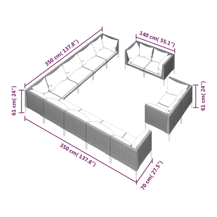 Set Divani Giardino 13pz con Cuscini in Polyrattan Grigio Scuro