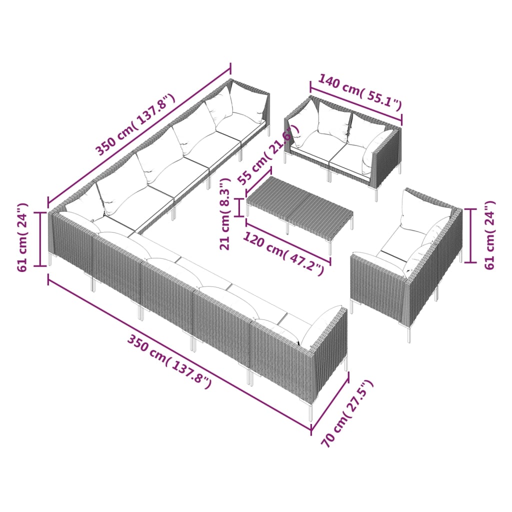 Set Divani da Giardino 14pz con Cuscini Polyrattan Grigio Scuro cod mxl 48727