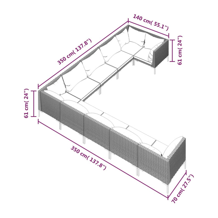 Set Divani da Giardino 10pz con Cuscini Polyrattan Grigio Scuro 3099914