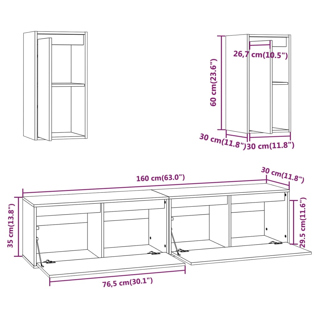 Mobili Porta TV 4 pz Neri in Legno Massello di Pino cod mxl 33946