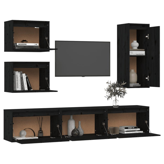 Mobili Porta TV 6 pz Neri in Legno Massello di Pino cod mxl 17749