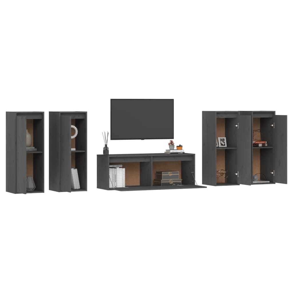 Mobili Porta TV 5 pz Grigi in Legno Massello di Pino cod mxl 22717