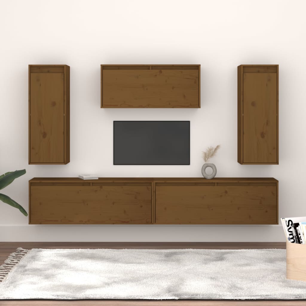 Mobili Porta TV 5 pz Miele in Legno Massello di Pino cod mxl 5828