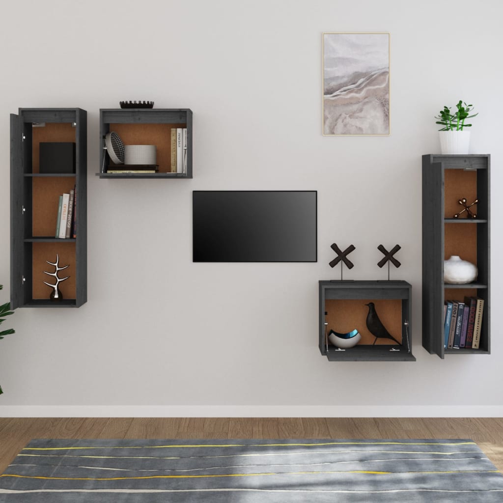 Mobili Porta TV 4 pz Grigi in Legno Massello di Pino cod mxl 12228