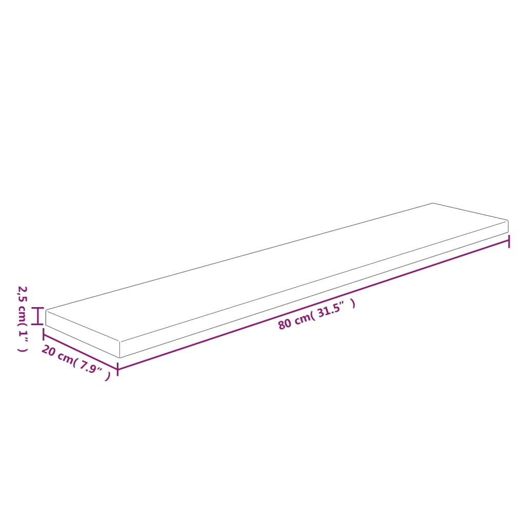 Ripiano 80x20x2,5 cm Legno Massello di Rovere Non Trattato