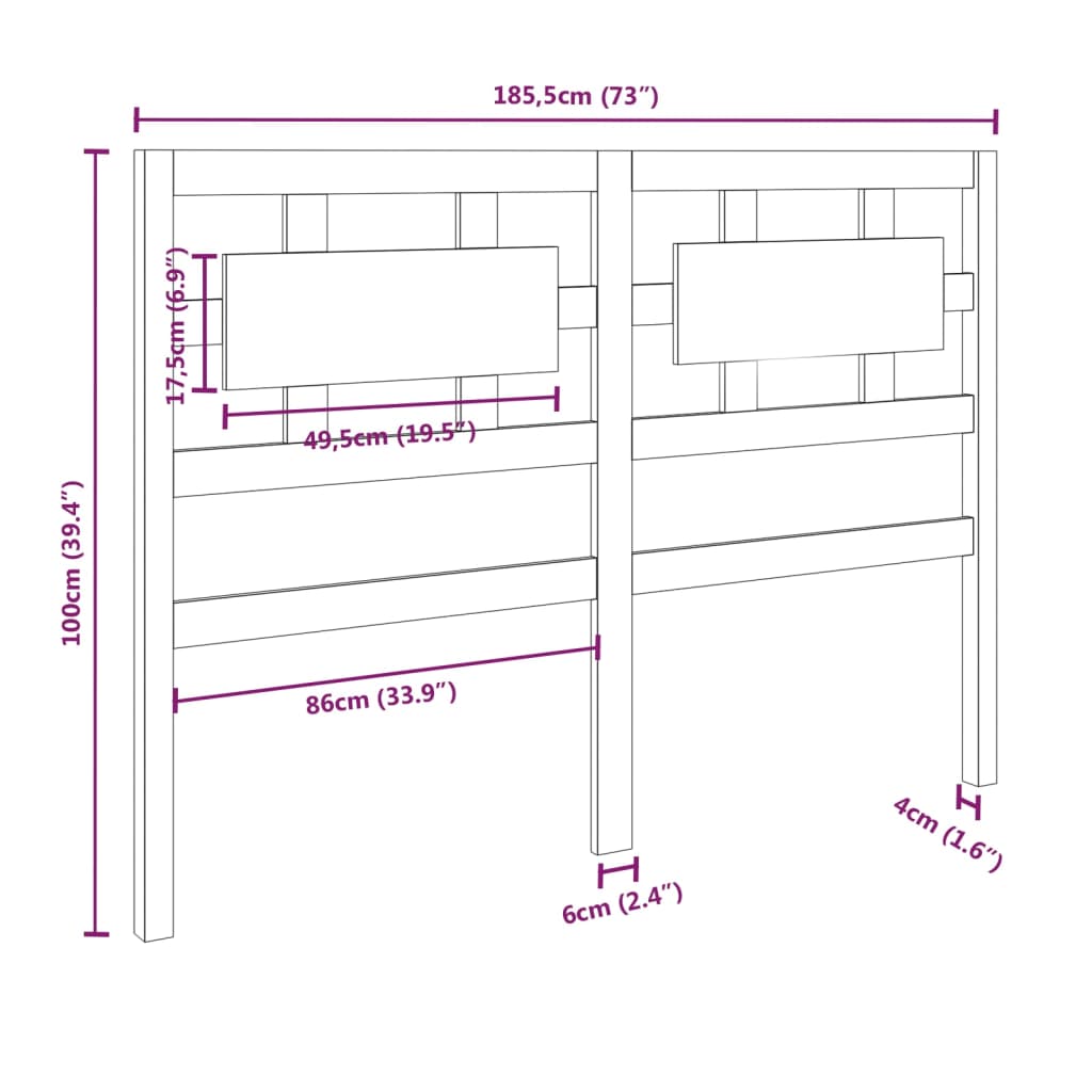 Testiera per Letto Bianca 185,5x4x100 cm Legno Massello di Pino 818056