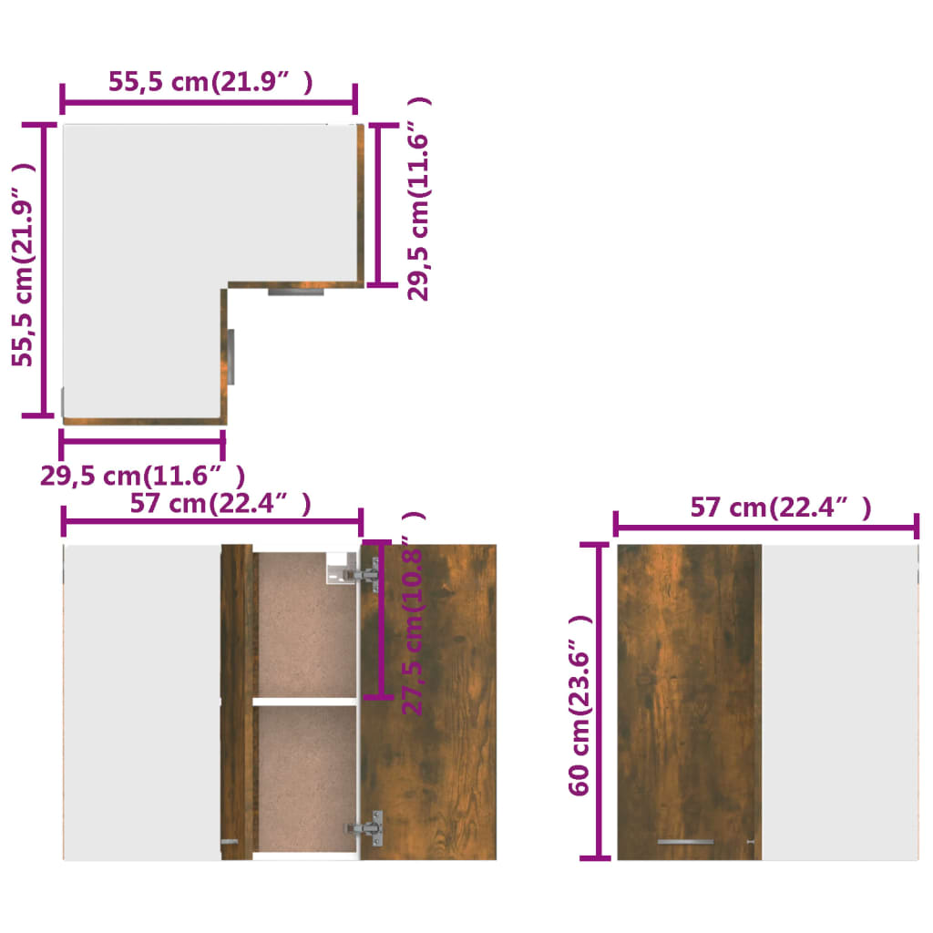 Mobile Pensile Angolo Rovere Fumo 57x57x60 cm Legno Multistrato 815597