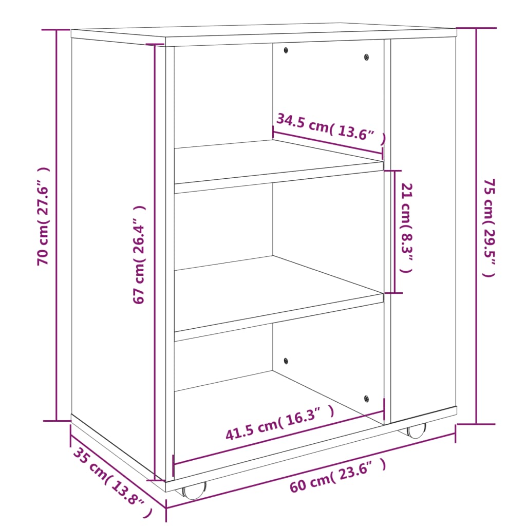 Armadietto con Ruote Grigio Sonoma 60x35x75cm Legno Multistrato