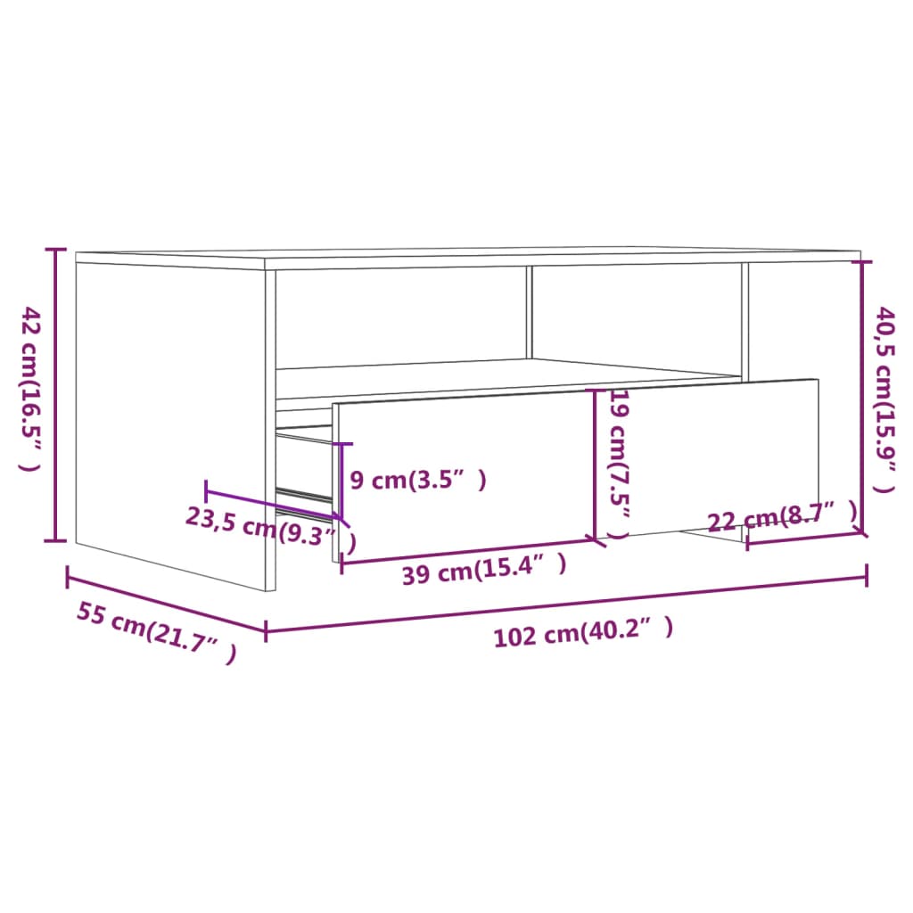 Tavolino da Salotto Nero 102x55x42 cm in Legno Compensato