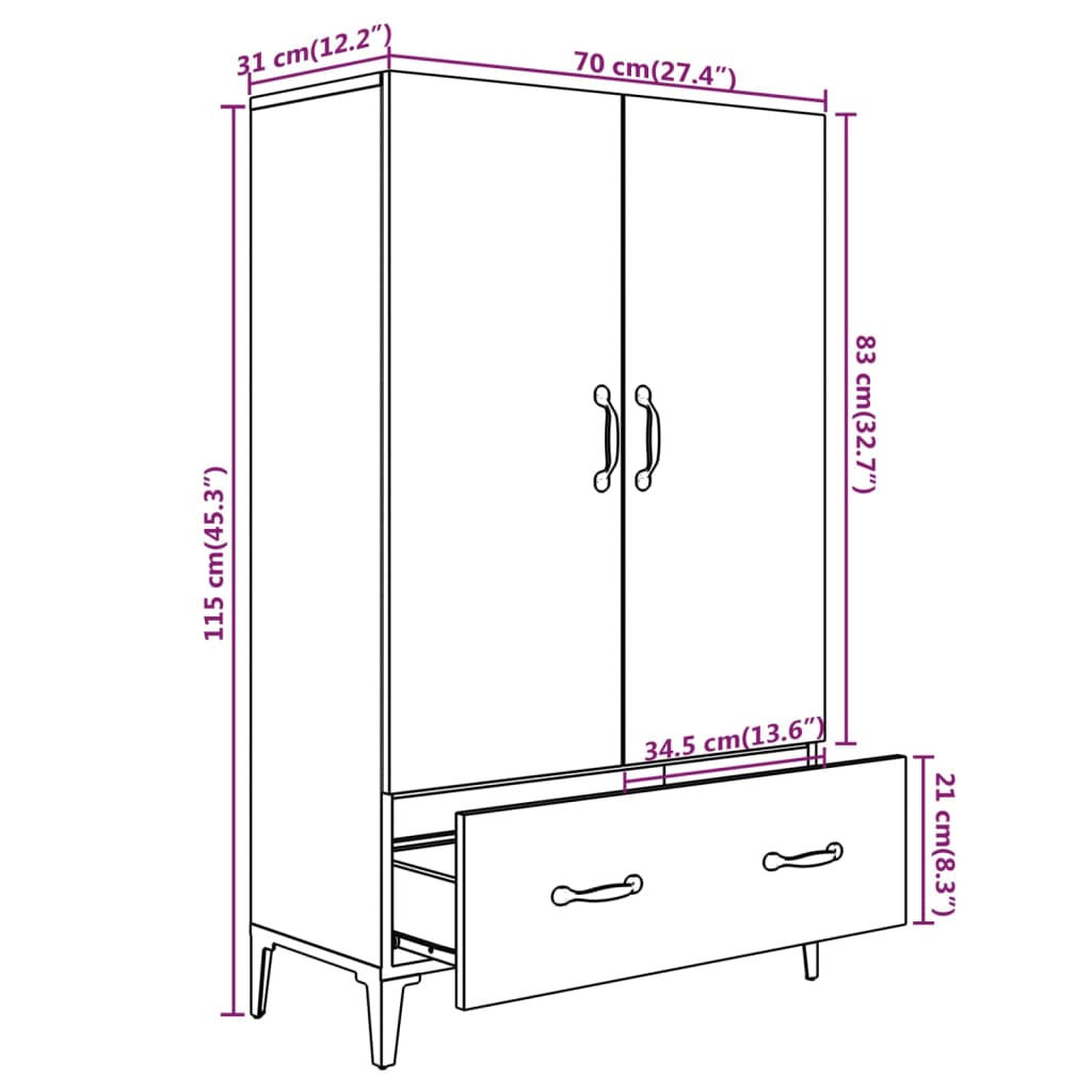 Credenza Nera 70x31x115 cm in Legno Multistrato