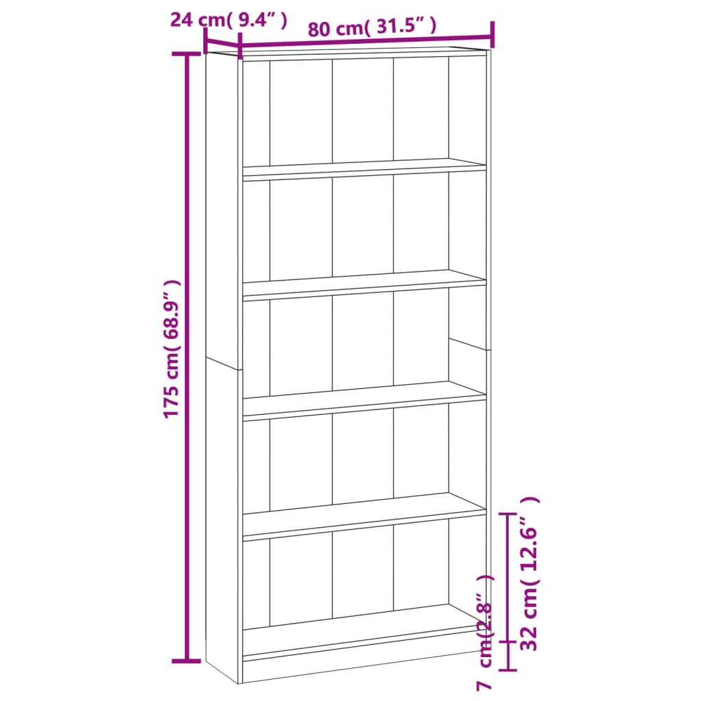 Libreria a 5 Ripiani Rovere Fumo 80x24x175 cm Legno Multistrato cod mxl 19425