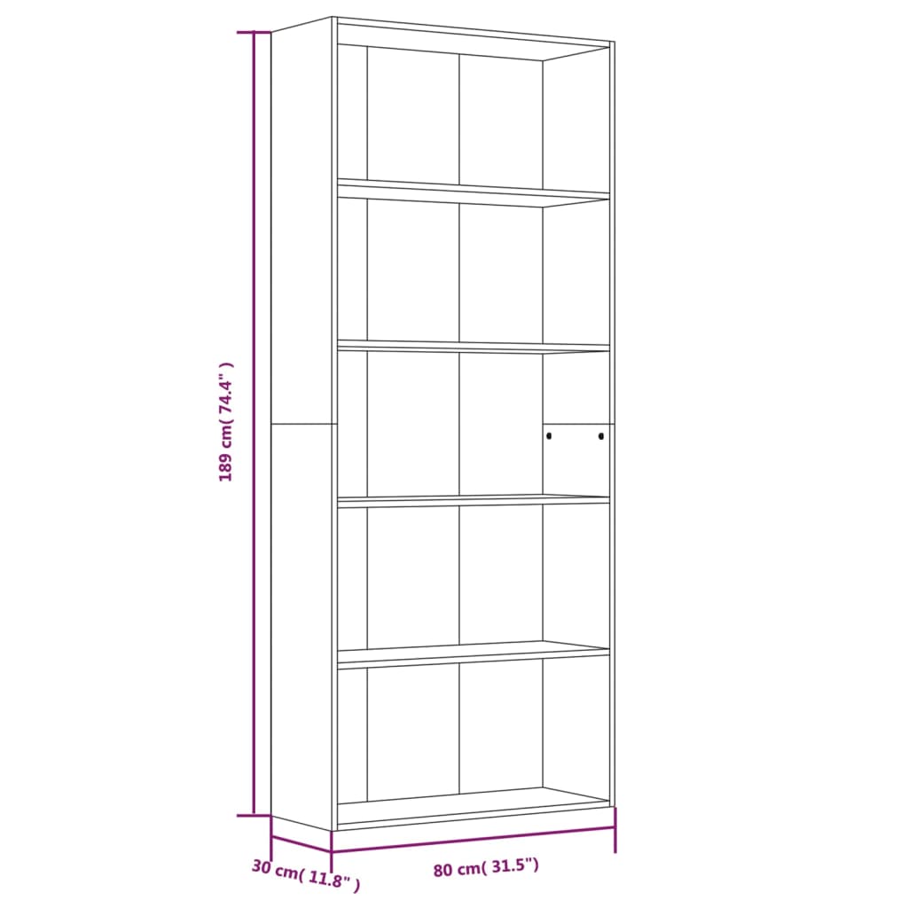 Libreria a 5 Ripiani Rovere Fumo 80x30x189 cm Legno Multistrato cod mxl 14144