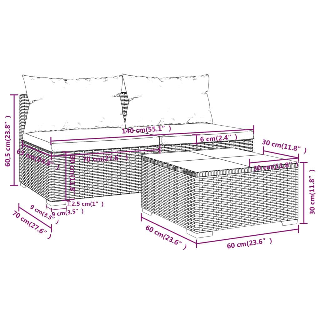 Set Divani da Giardino con Cuscini 3 pz in Polyrattan Marrone