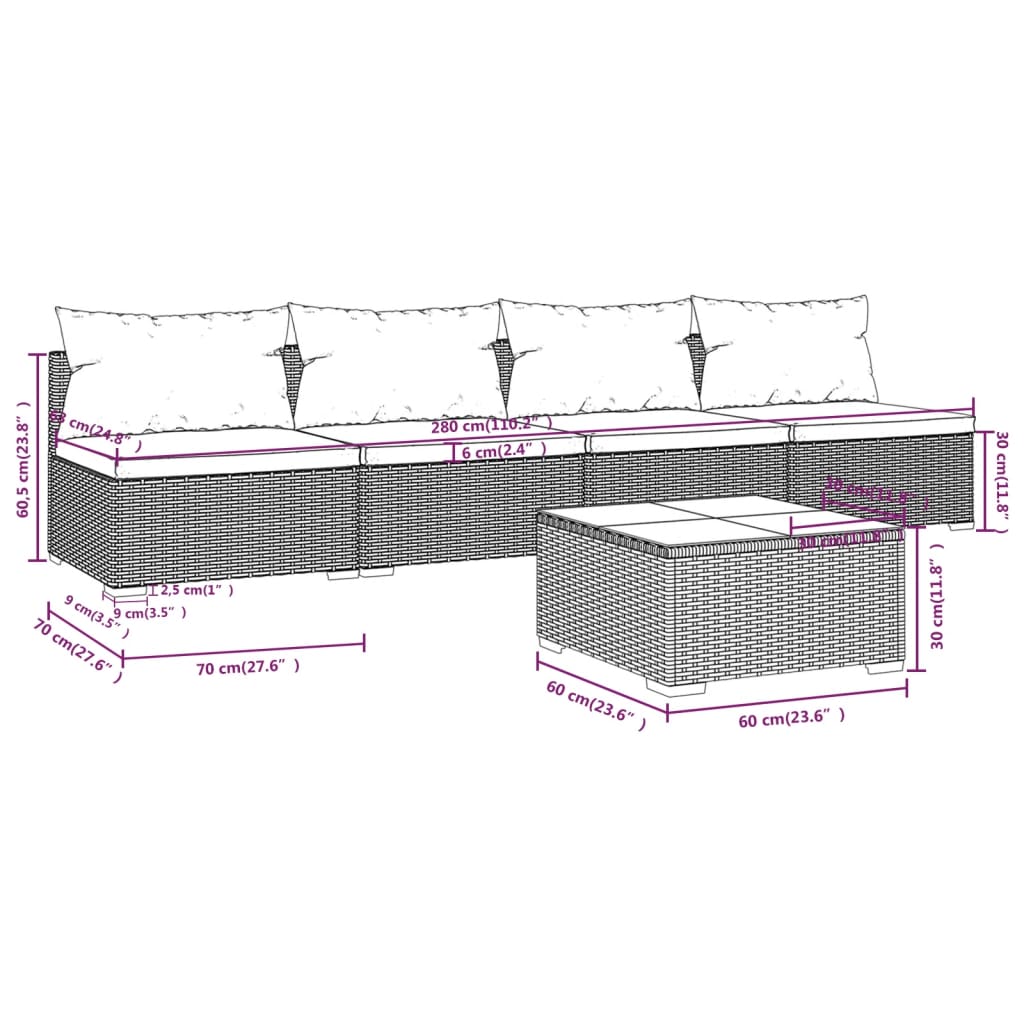 Set Divani da Giardino 5 pz con Cuscini in Polyrattan Marrone cod mxl 43809