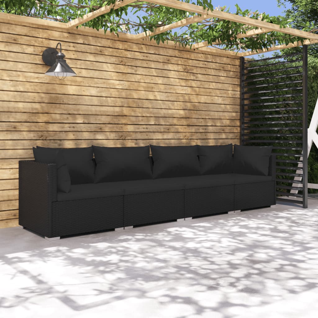 Set Divani da Giardino 4 pz con Cuscini in Polyrattan Nero 3101424