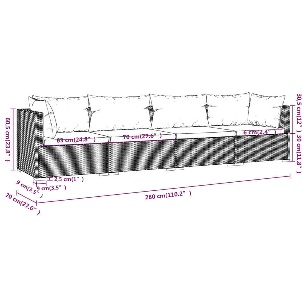 Set Divani da Giardino 4 pz con Cuscini in Polyrattan Nero cod mxl 39985