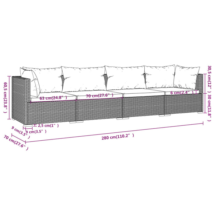 Set Divani da Giardino 4 pz con Cuscini in Polyrattan Nero 3101425