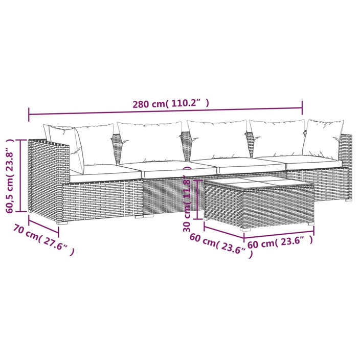 Set Divani da Giardino 5 pz con Cuscini in Polyrattan Nero cod mxl 41240