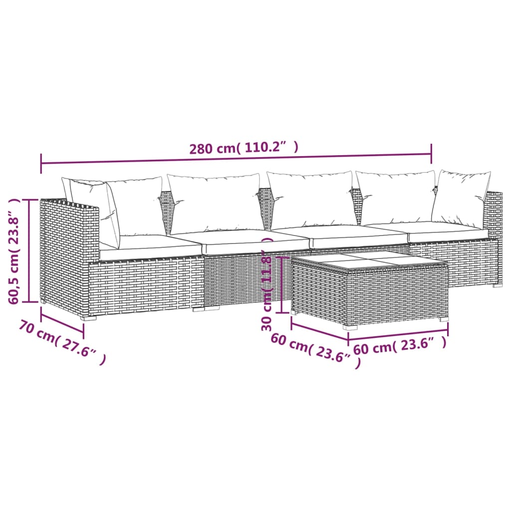 Set Divani da Giardino 5 pz con Cuscini in Polyrattan Marrone 3101434