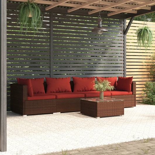 Set Divani da Giardino 5 pz con Cuscini in Poly Rattan Marrone cod mxl 38837