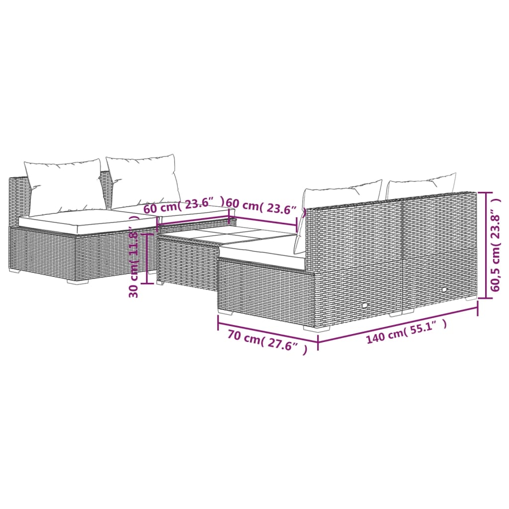 Set Divani da Giardino 5 pz con Cuscini in Polyrattan Marrone cod mxl 43825