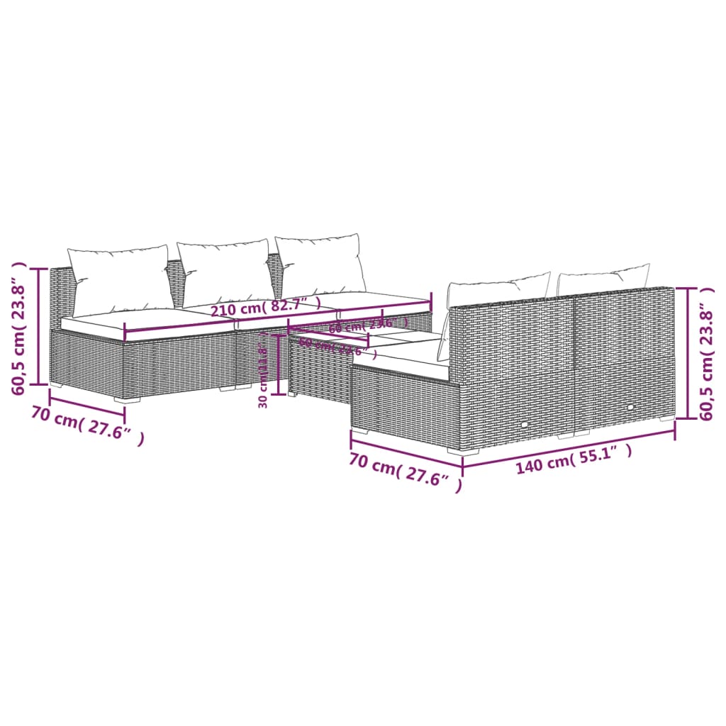 Set Divani da Giardino 6 pz con Cuscini in Polyrattan Marrone cod mxl 38840