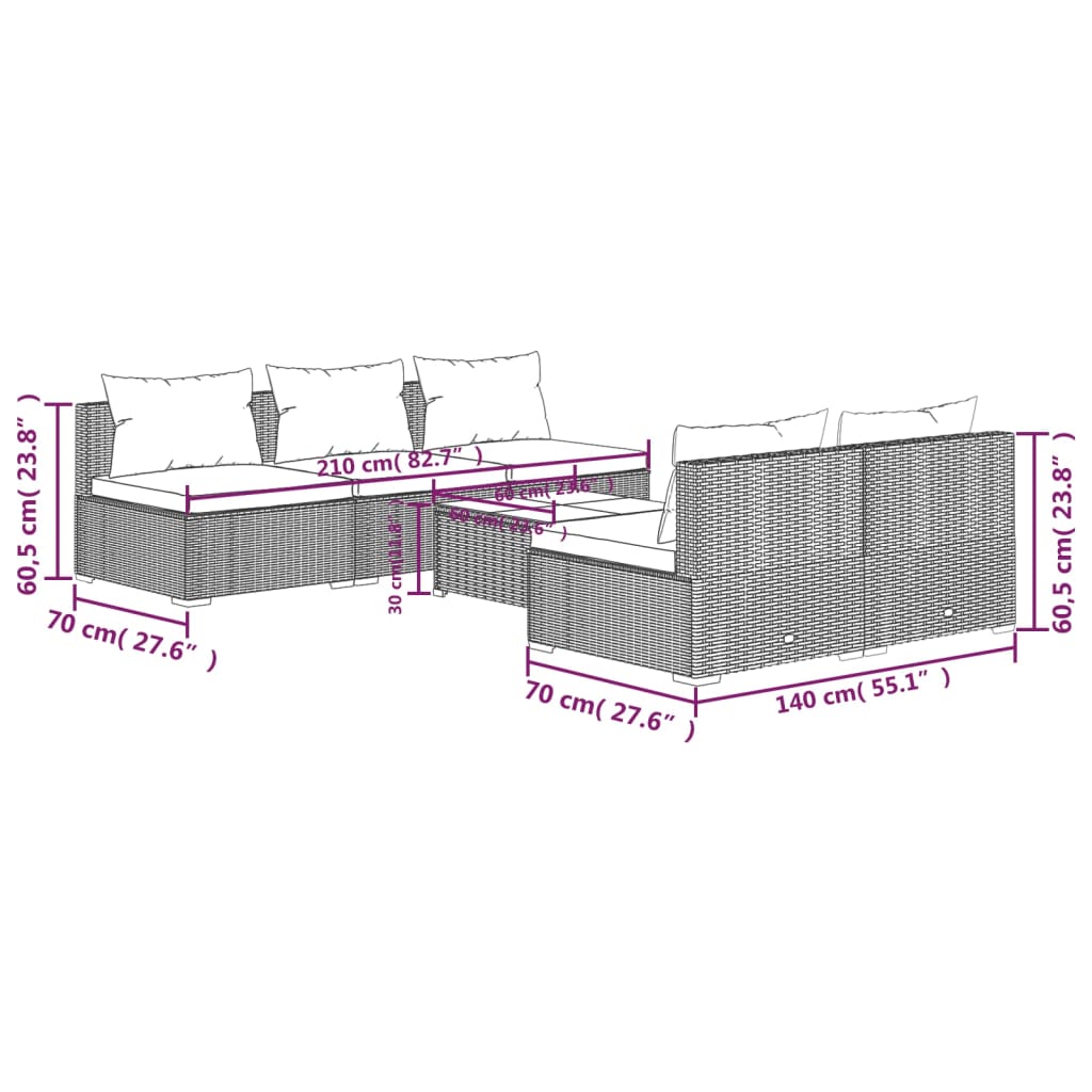 Set Divani da Giardino 6 pz con Cuscini in Polyrattan Grigio 3101453