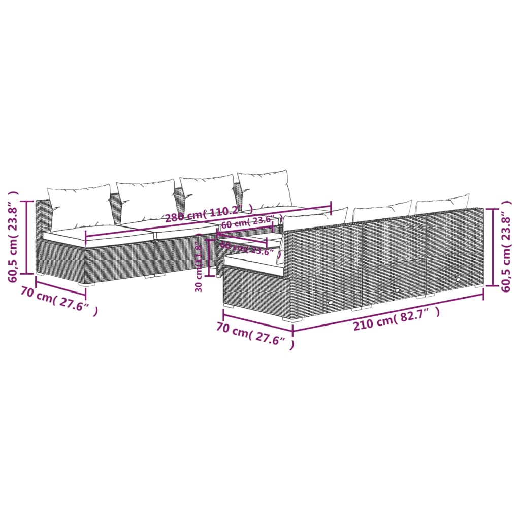 Set Divani da Giardino 8 pz con Cuscini in Polyrattan Grigio 3101469