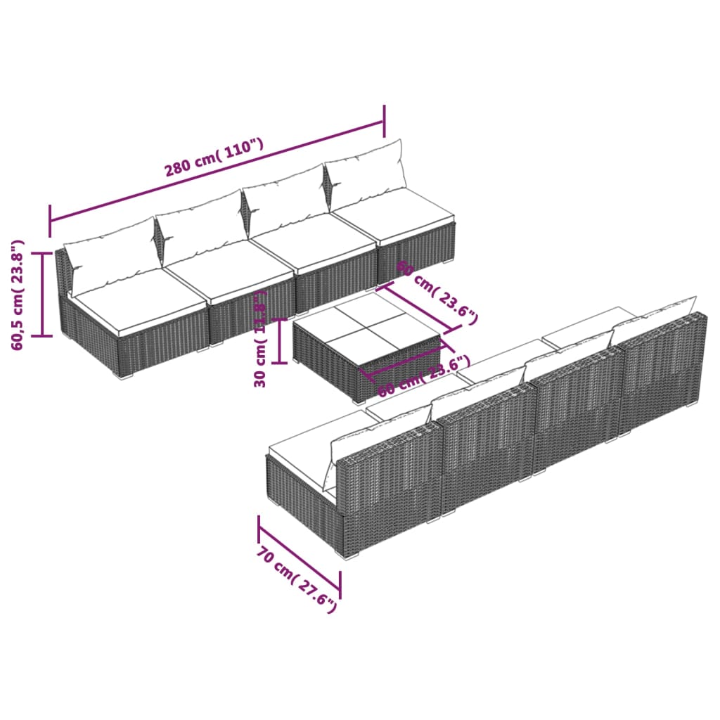 Set da Giardino 9 pz con Cuscini in Polyrattan Marrone