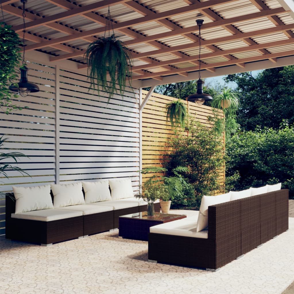 Set da Giardino 9 pz con Cuscini in Polyrattan Marrone