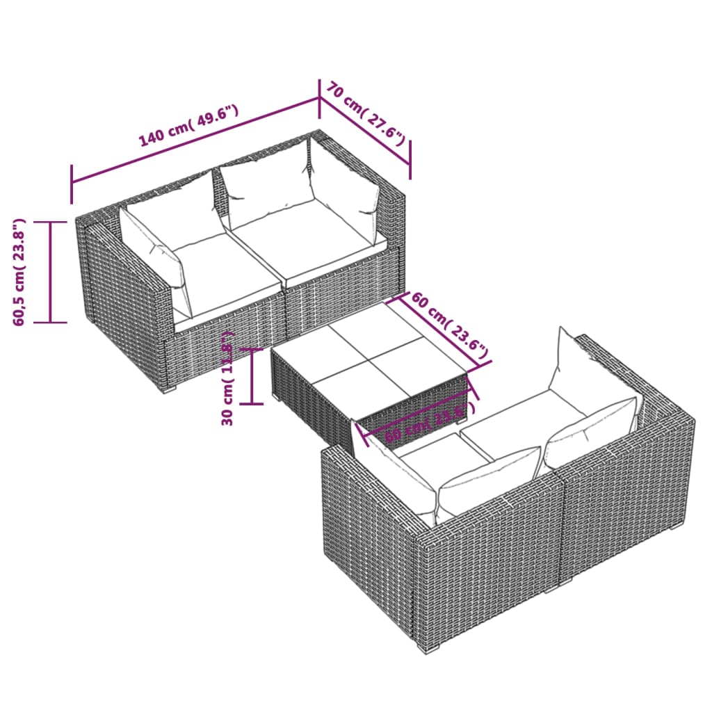 Set Salotto da Giardino 5 pz con Cuscini in Polyrattan Nero 3101479