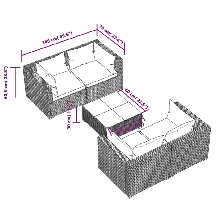 Set Divani da Giardino 5 pz con Cuscini in Polyrattan Nero cod mxl 35411