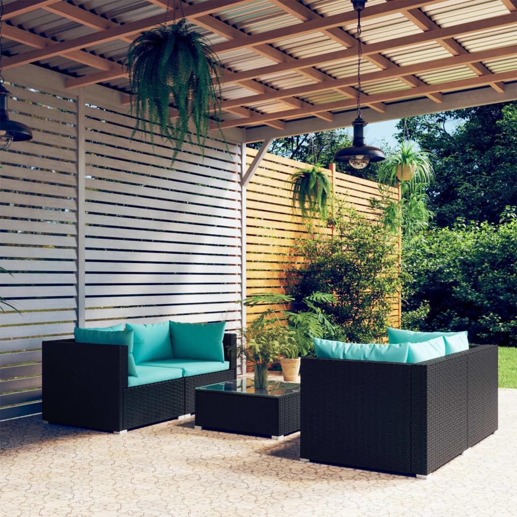 Set Divani da Giardino 5 pz con Cuscini in Polyrattan Nero cod mxl 35411