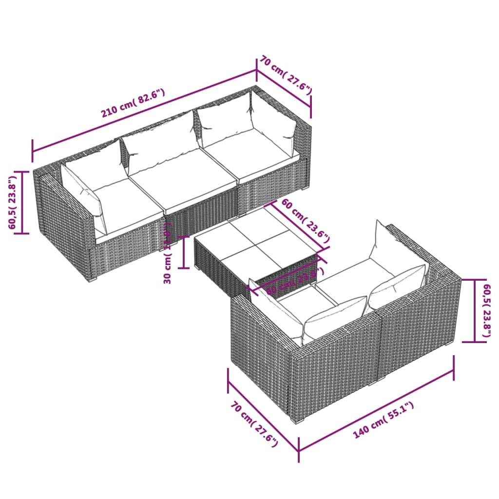 Set Salotto da Giardino 6 pz con Cuscini in Polyrattan Nero