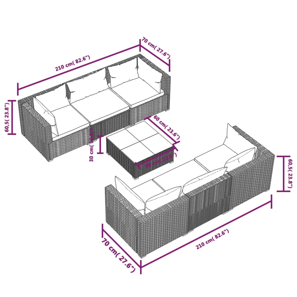 Set Divani da Giardino 7 pz con Cuscini in Polyrattan Grigio