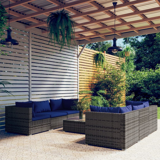 Set Divani da Giardino 7 pz con Cuscini in Polyrattan Grigio