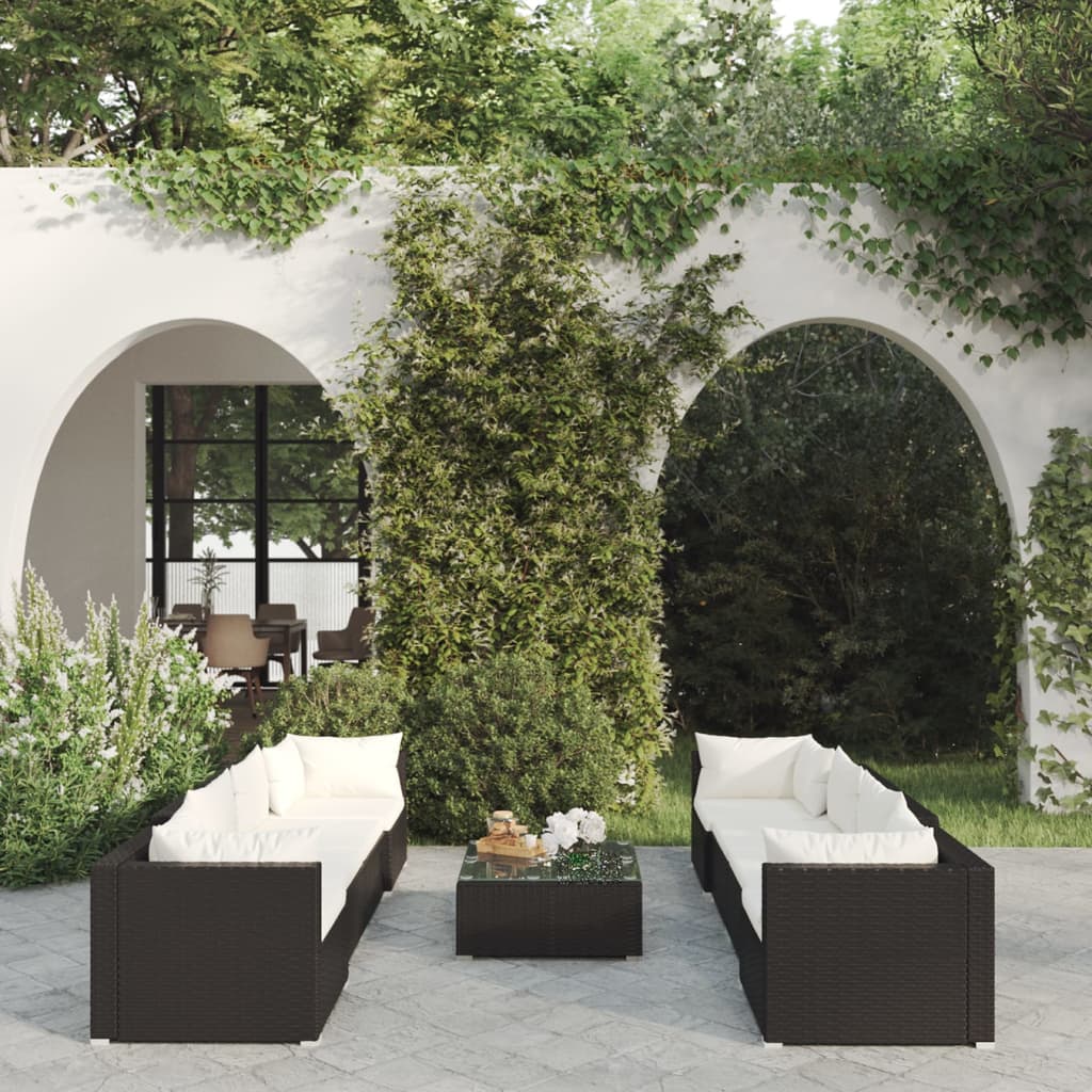 Set Salotto da Giardino 9 pz con Cuscini in Polyrattan Nero cod mxl 32622