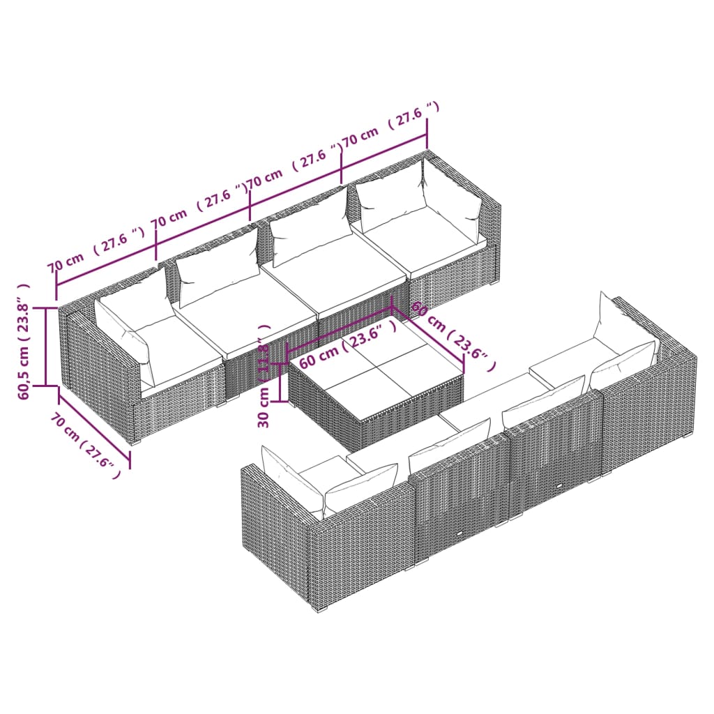 Set Divani da Giardino 9 pz con Cuscini in Polyrattan Nero 3101512