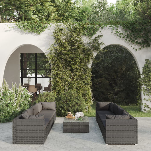 Set Divani da Giardino 9 pz con Cuscini in Polyrattan Grigio 3101517