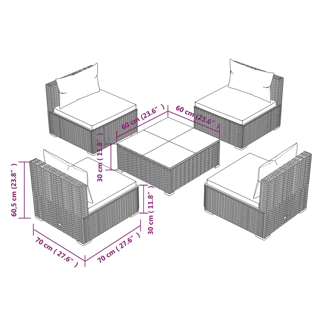 Set Salotto da Giardino 5 pz con Cuscini in Polyrattan Nero cod mxl 56310