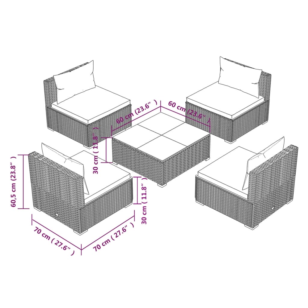 Set Divani da Giardino 5 pz con Cuscini in Polyrattan Marrone cod mxl 43822