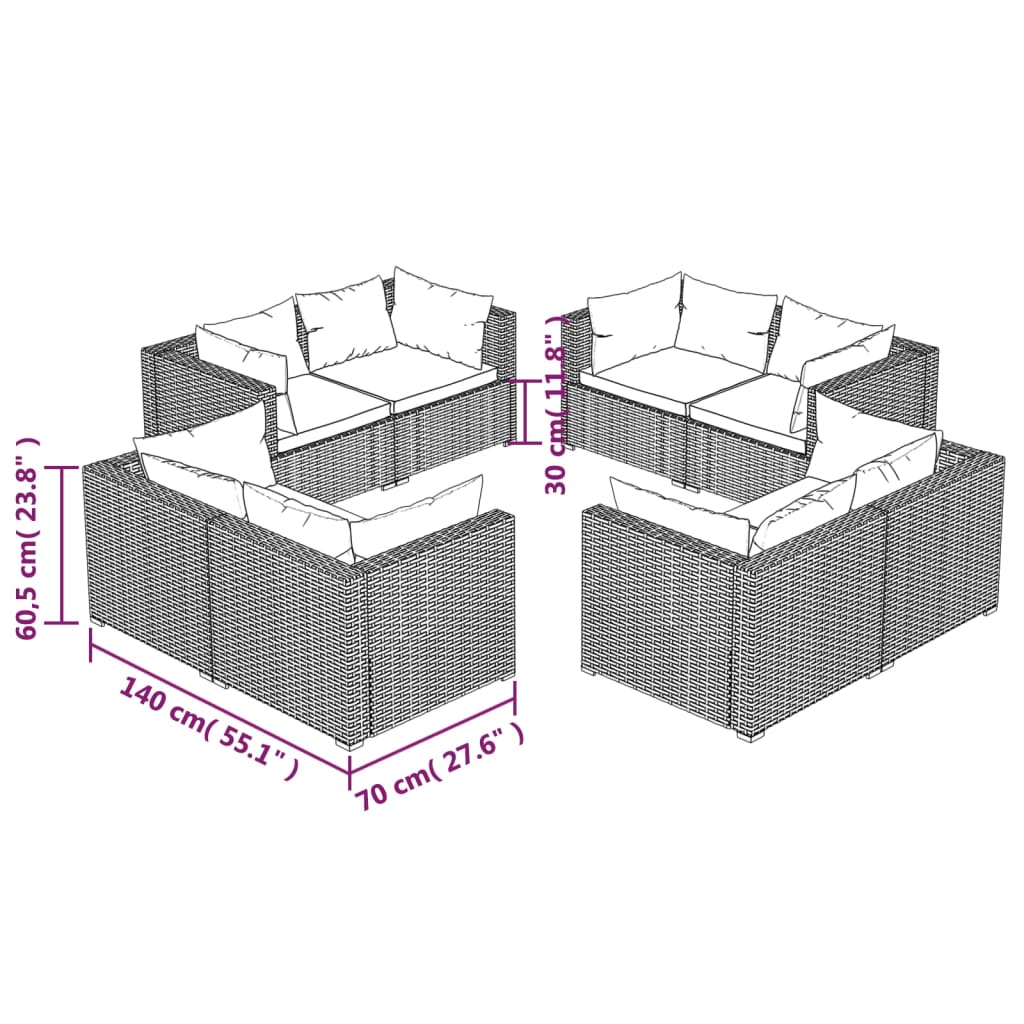 Set Salotto da Giardino 8 pz con Cuscini in Polyrattan Nero 3101551