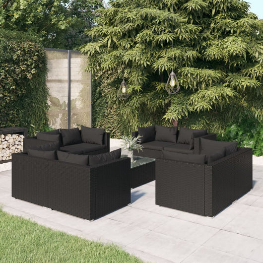 Set Divani da Giardino 9 pz con Cuscini in Polyrattan Nero 3101560