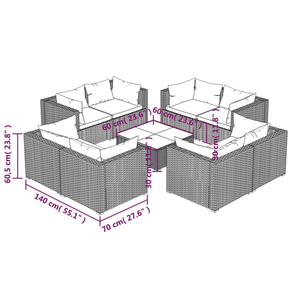 Set Divani da Giardino 9 pz con Cuscini in Polyrattan Marrone cod mxl 40824