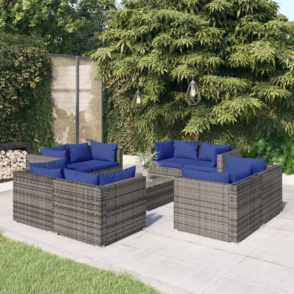 Set Divani da Giardino 9 pz con Cuscini in Polyrattan Grigio cod mxl 38856